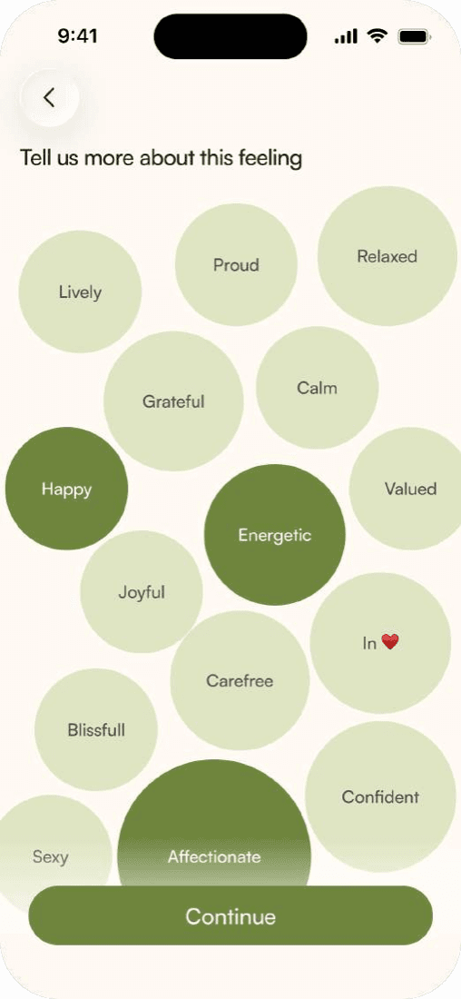 App screen asking the user to describe their feeling with emotion bubbles