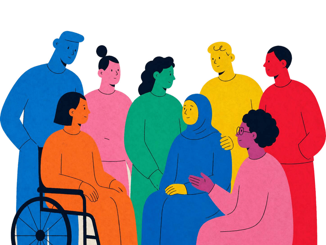 A diverse group of colleagues including a wheelchair user